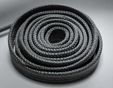 Coiled dark grey braided rope viewed from above on a minimalist neutral background