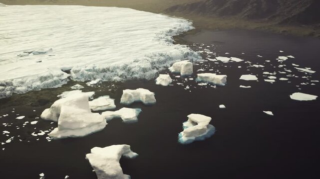 Antarctica ice shelf with floating ice, dark ocean contrast, scattered tabular bergs and small floes, somber overcast light, suited for climate research