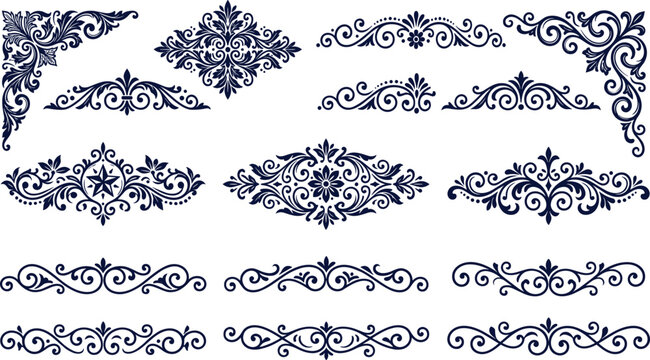 Luxury Dark Blue Damask Ornament Set with Intricate Baroque Corners Elegant Swirl Dividers and Royal Floral Emblems for Premium Invitation Borders