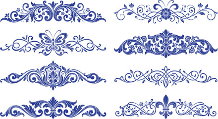 Symmetrical Blue Baroque Divider Pack featuring Elegant Fleur de Lis Elements Butterfly Accents Floral Borders and Ornate Filigree Swirls for Luxury Page Headers © Jubaraj