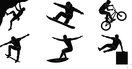 Fototapeta premium Extreme Sports Silhouette Collection with Climbing Skateboarding Surfing Snowboarding BMX and Parkour Athletes