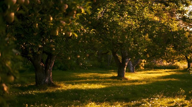 Golden light embraces ripe apples on mature trees a peaceful meadow scene evokes warmth and serenity