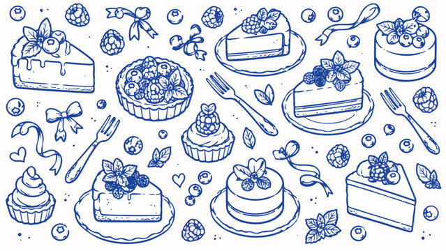Hand drawn cake and dessert vector collection, blue ink sketch of cheesecake slices and berry tarts, bakery menu illustration set with sweet pastries isolated PNG with Transparent Background