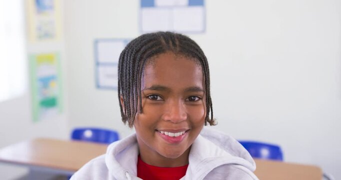 African American teen reacting in class to offframe cue smiling laughing hoodie camera zooming