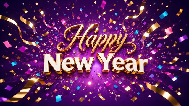 Golden happy new year text with falling confetti and streamers celebrate.