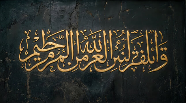 Arabic calligraphy script rendered in gold metal against dark distressed stone wall surface creating elegant spiritual aesthetic for festive banners and home wall decor.
