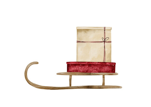 Hand drawn watercolor illustration of festive Christmas sled carrying wrapped presents. Wooden sleigh with red and large beige gift box topped with red bow. For holiday greeting cards and designs