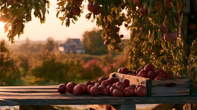 Autumn harvest abundance a rustic table overflowing with ripe apples warm sunset orchard scene