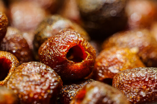 Close-up of pitted hawthorn fruit candy snack