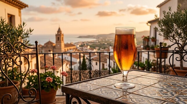 Glass of amber beer on a Mediterranean terrace. Refreshing lager drink at sunset view.