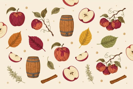 Decorative seamless pattern with red apples, apple slices, wooden barrels, cinnamon sticks, and rosemary sprigs on a light beige background