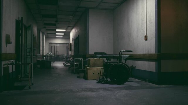 Afterhours hospital corridor with idle carts and wheelchairs, single flickering panel overhead, muted colors and heavy silence convey solitude and uneasy calm.