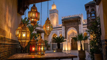 Obraz premium Evening view of an ornate Moroccan courtyard with glowing lanterns and traditional architecture under a twilight sky.