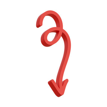 3D illustration red curly loop arrow calligraphy handwritten flourish ornate vertical descend icon transparent background