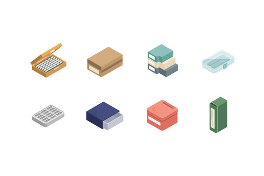 Isometric office supply and storage box set featuring various cardboard containers files and organizers for business organization concepts