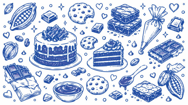 Hand drawn chocolate dessert collection vector, cocoa bean and cake sketch set, blue ink doodle of brownies cookies and sweets isolated PNG with Transparent Background