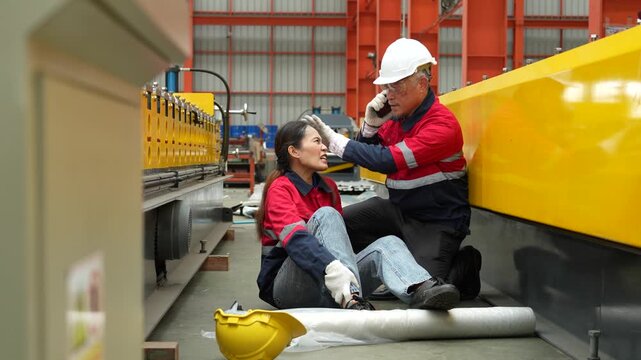 A female employee is helping her friend who was electrocuted in a metal cheese factory.(VDO 4K)	