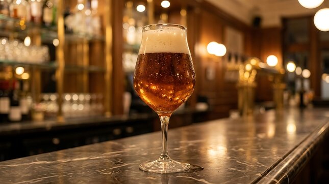Belgian beer in a tulip glass. Craft ale served on a pub bar counter.