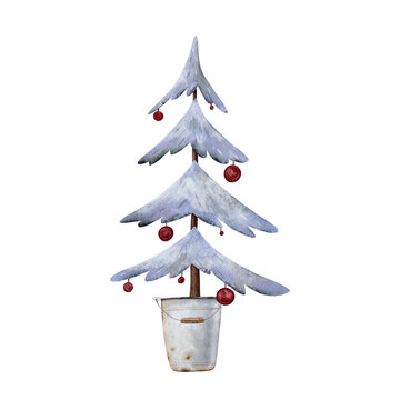 Watercolor clipart illustration of Christmas tree. Stylized pine tree featuring a soft blue, snow-covered watercolor texture. Tree is adorned with red ornaments in metal bucket. For holiday designs