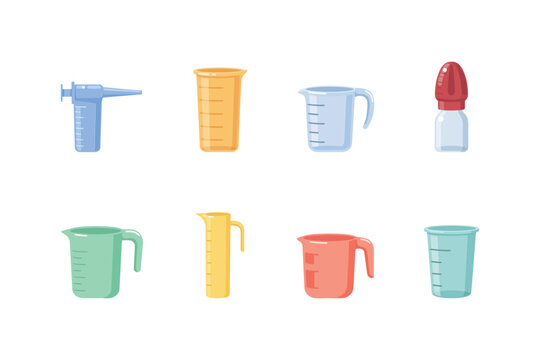 Collection of various laboratory measuring cups and beakers, colorful plastic and glass graduated cylinders for scientific experiments and chemistry