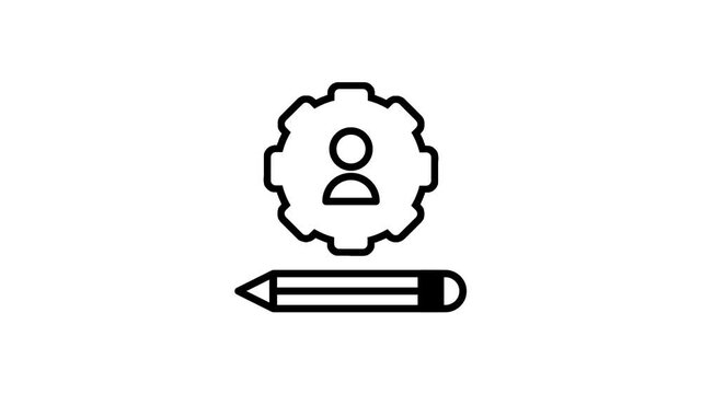 Line icon of a gear with a person symbol and a pencil representing skill development personal growth training and professional career management today