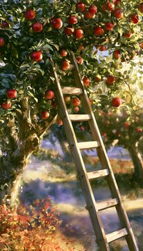 Autumn orchard serenity a rustic ladder leans on an apple tree bathed in golden light stock illustration
