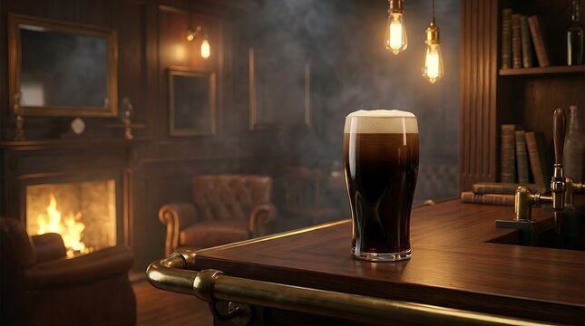 Glass of dark stout beer on a pub counter. Cold craft ale in a cozy bar with fireplace.