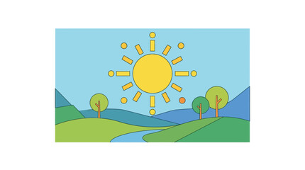 Fototapeta premium Sun shines over a stylized landscape featuring rolling green hills, small trees, and a winding blue river.