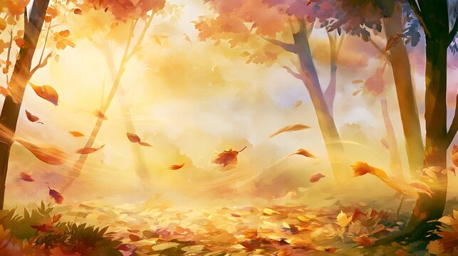 Autumn Forest Illustration Golden Light Serene Landscape Peaceful Fall Foliage Stock Image