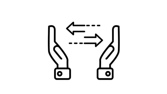 Line icon of two robotic hands exchanging arrows in opposite directions representing automated data exchange trading transactions and negotiation