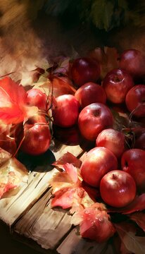 Autumn Harvest Still Life Watercolor Illustration of Ripe Red Apples on Rustic Wood Table