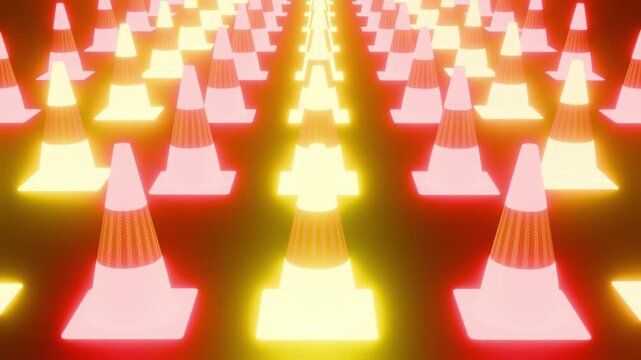 Road construction and traffic safety concept, glowing red and yellow traffic cones moving in a 4K loop animation