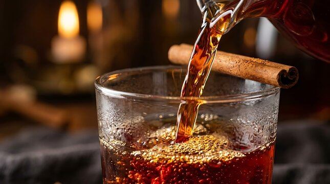 Pouring Krambambula spiced herbal liqueur into glass. Dark aromatic alcohol drink with cinnamon stick.
