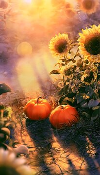 Autumnal sunflowers embrace vibrant pumpkins bathed in golden sunset light peaceful rustic scene