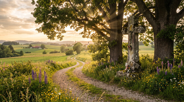 Stone wayside cross beside a winding path in a scenic countryside at sunset with golden sunbeams.