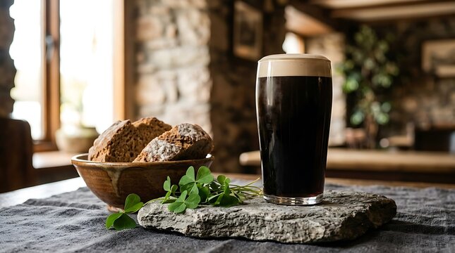 Glass of Irish stout beer with creamy head. Dark ale drink served in a rustic pub setting.