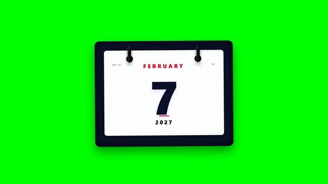3D desk calendar animation showing February 2027 dates on a green screen background for chroma key compositing.