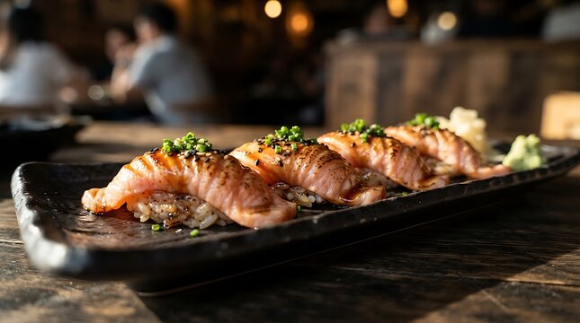 Seared salmon nigiri sushi platter on a dark rustic wooden table