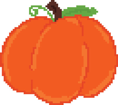 Pixel art classic orange autumn harvest pumpkin with green leaf for 8 bit retro Thanksgiving and Halloween decor - hand drawn illustration vector asset