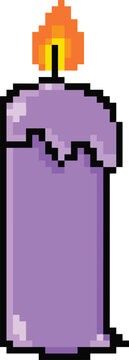 Pixel art purple lighted candle with warm glowing flame for 8 bit retro Halloween gaming decor - hand drawn illustration vector asset