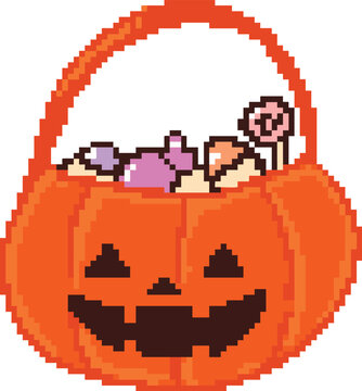 Pixel art pumpkin trick or treat basket filled with candies and lollipops for 8 bit retro Halloween gaming decor - hand drawn illustration vector asset