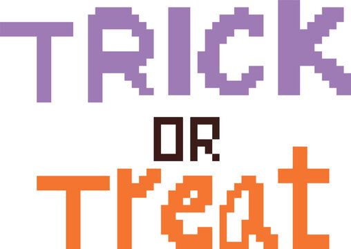 Pixel art Trick or Treat text typography letter graphic for 8 bit retro Halloween gaming decor - hand drawn illustration vector asset