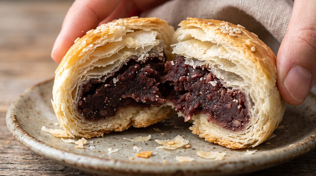 Hands Breaking Open Flaky Chinese Red Bean Pastry Showing Rich Azuki Bean Paste Filling Toped with Sesame Seeds