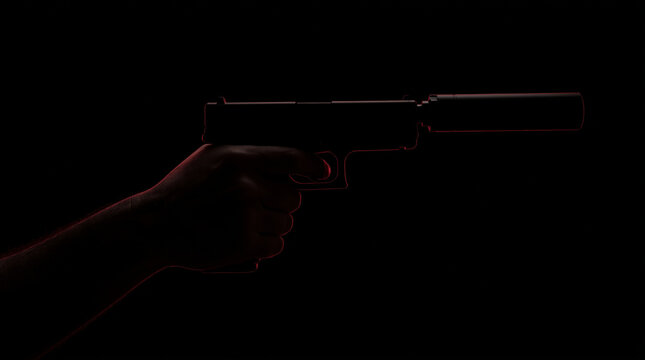 Dramatic silhouette of a hand holding a pistol with a silencer, accented by red rim lighting on a black background.