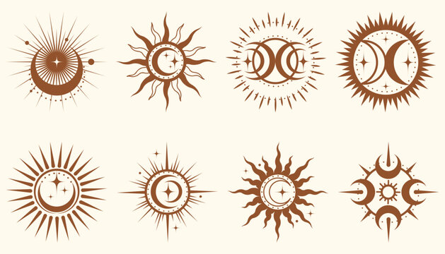Celestial sun and moon icon set with stars. Modern minimalist vector illustration for mystical design, boho art, astrology symbols and abstract cosmic graphics.
