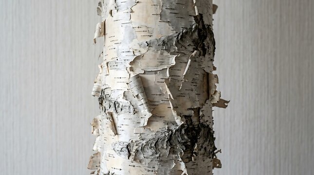 Closeup of a white birch tree trunk with peeling papery bark texture