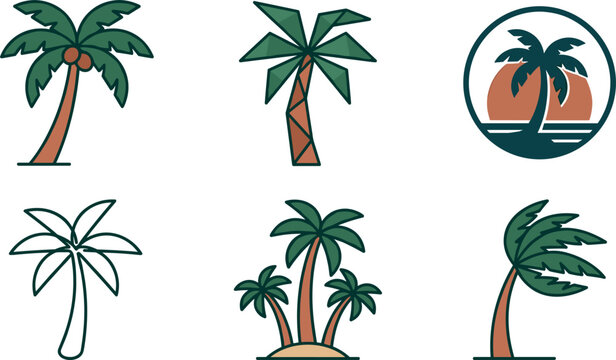 Palm Tree Vector Icon Set Featuring Low Poly Styles Coconuts Tropical Sunset Emblems Wind Blown Stalks and Minimalist Outlines for Summer Travel Designs