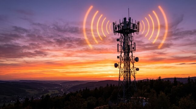 Telecommunications tower silhouette standing on hill against colorful sunset sky with orange signal waves illustration representing mobile network coverage and wireless connection.