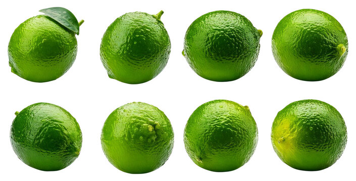Realistic. Fresh Limes. Bright Green Citrus Fruits., isolated transparent background