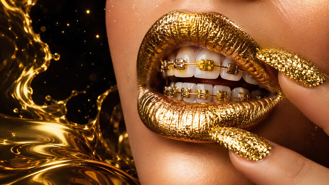 Close-up of woman with gold metallic lipstick and gold braces touching lip with glitter nails